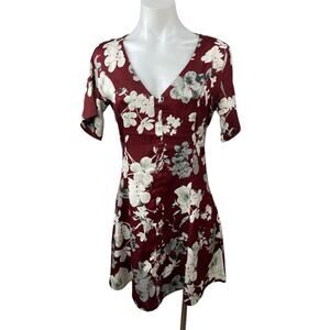 Missguided Red Floral Satin V-Neck Open Back Short Sleeve Mini Shirt Dress Sz 10